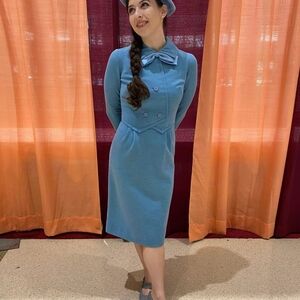 Vintage Long Sleeve Blue Dress with Bow